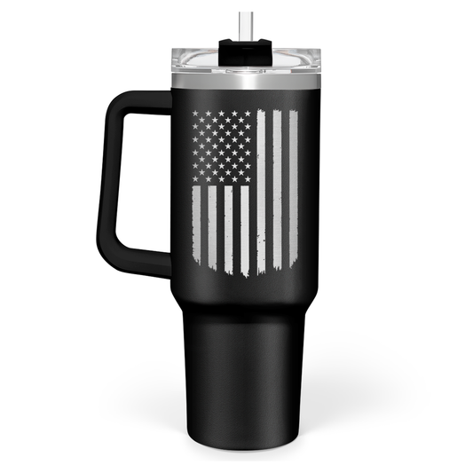 Black American Flag Quencher Tumbler with Handle 40oz Sandjest Personalized Gifts