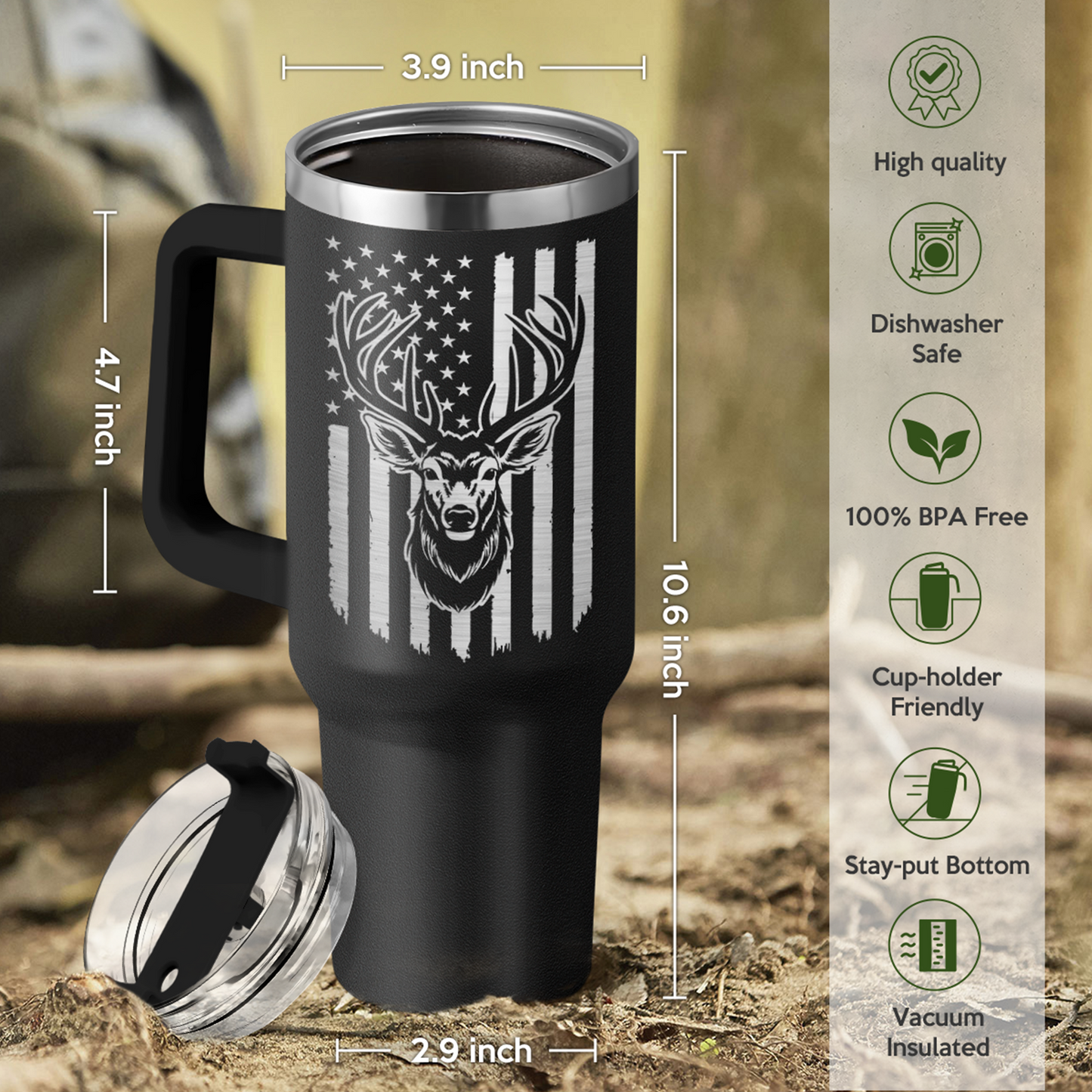 Black Hunting Quencher Tumbler with Handle 40oz
