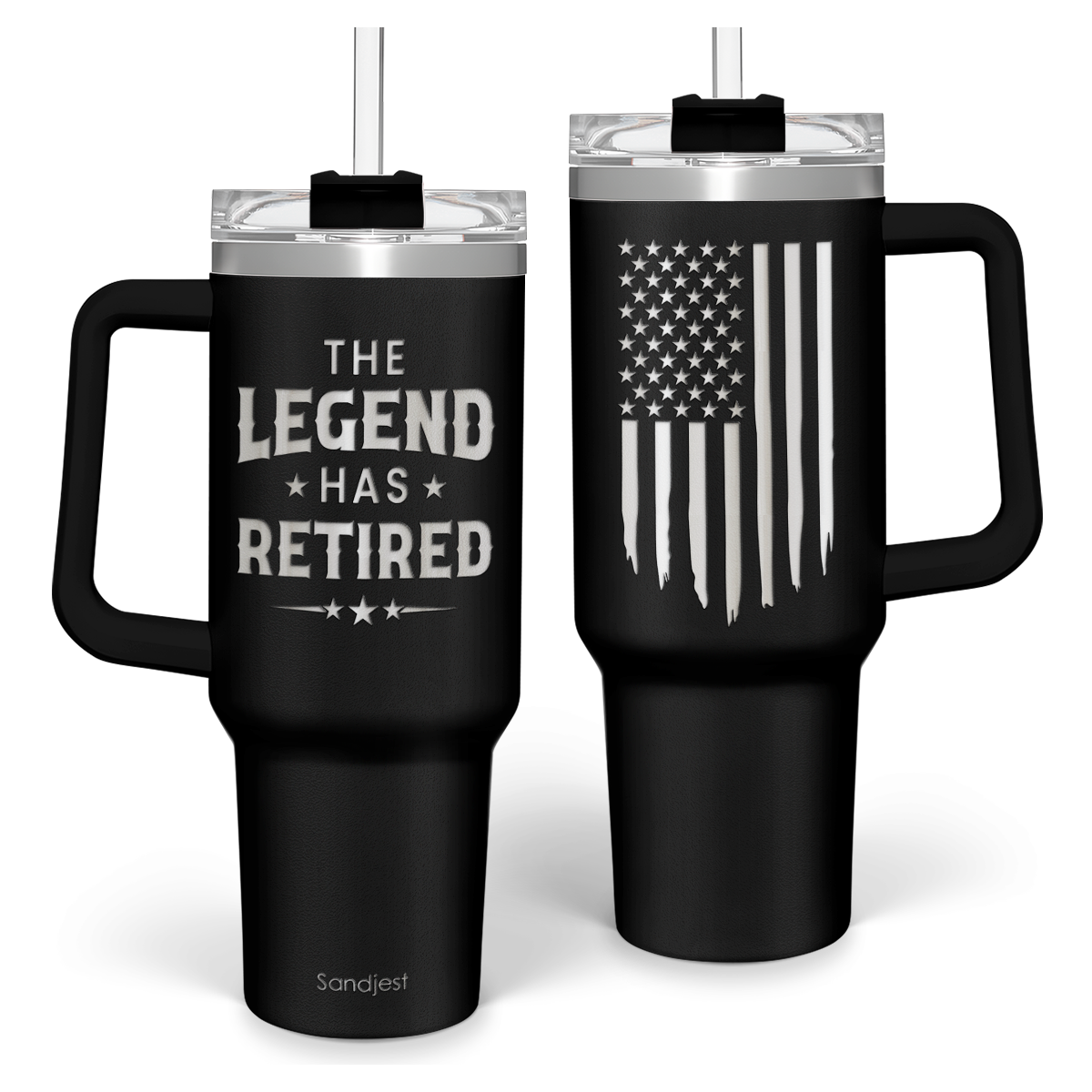 Black Retirement Quencher Tumbler with Handle 40oz Sandjest Personalized Gifts