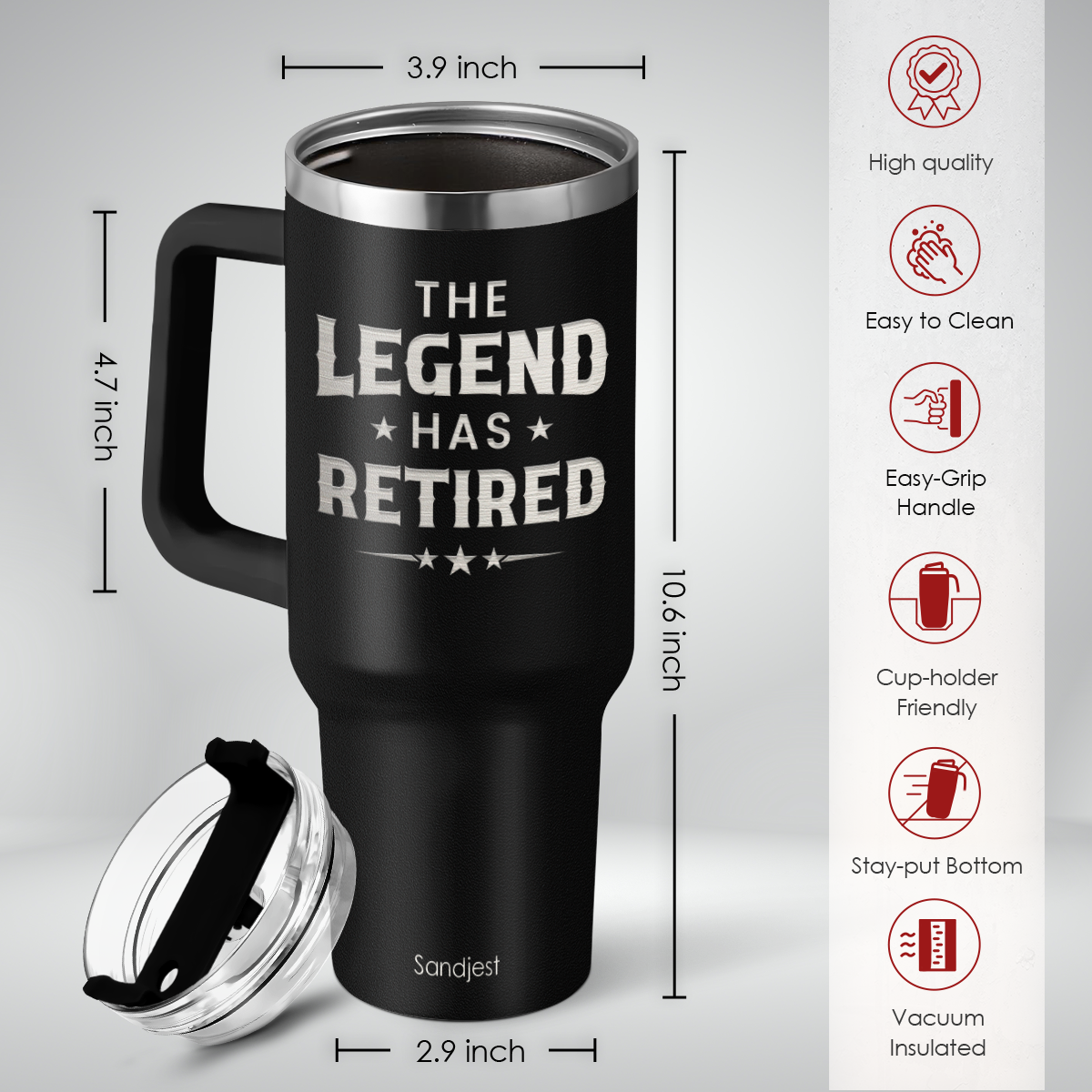 Black Retirement Quencher Tumbler with Handle 40oz