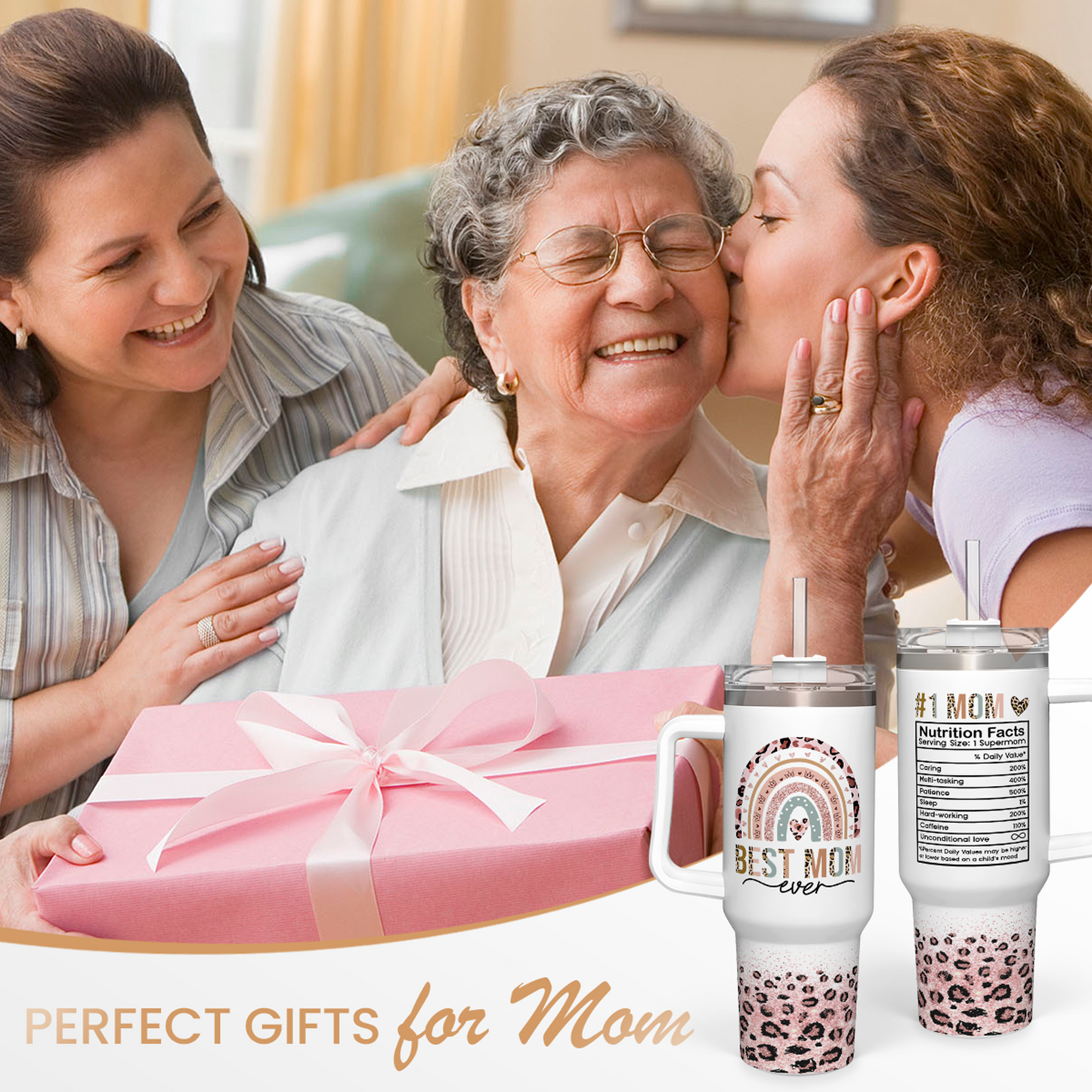 White Best Mom Ever Quencher Tumbler with Handle 40oz