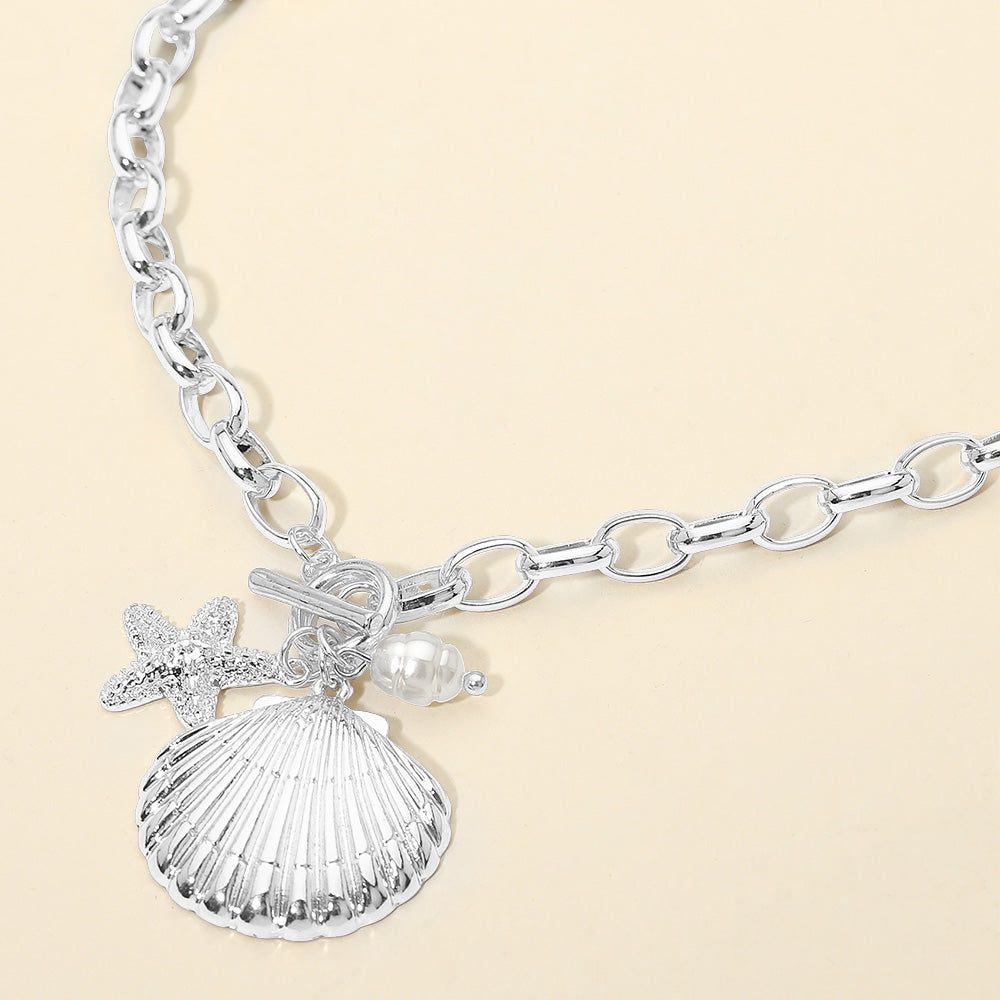 Women's Seashell Starfish Pearl Charm Toggle Chunky Chain Statement Necklace