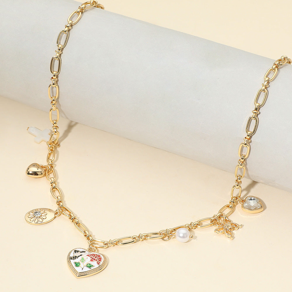 Butterfly Flower Enamel Detailed Heart Pendant Charm Station Necklace