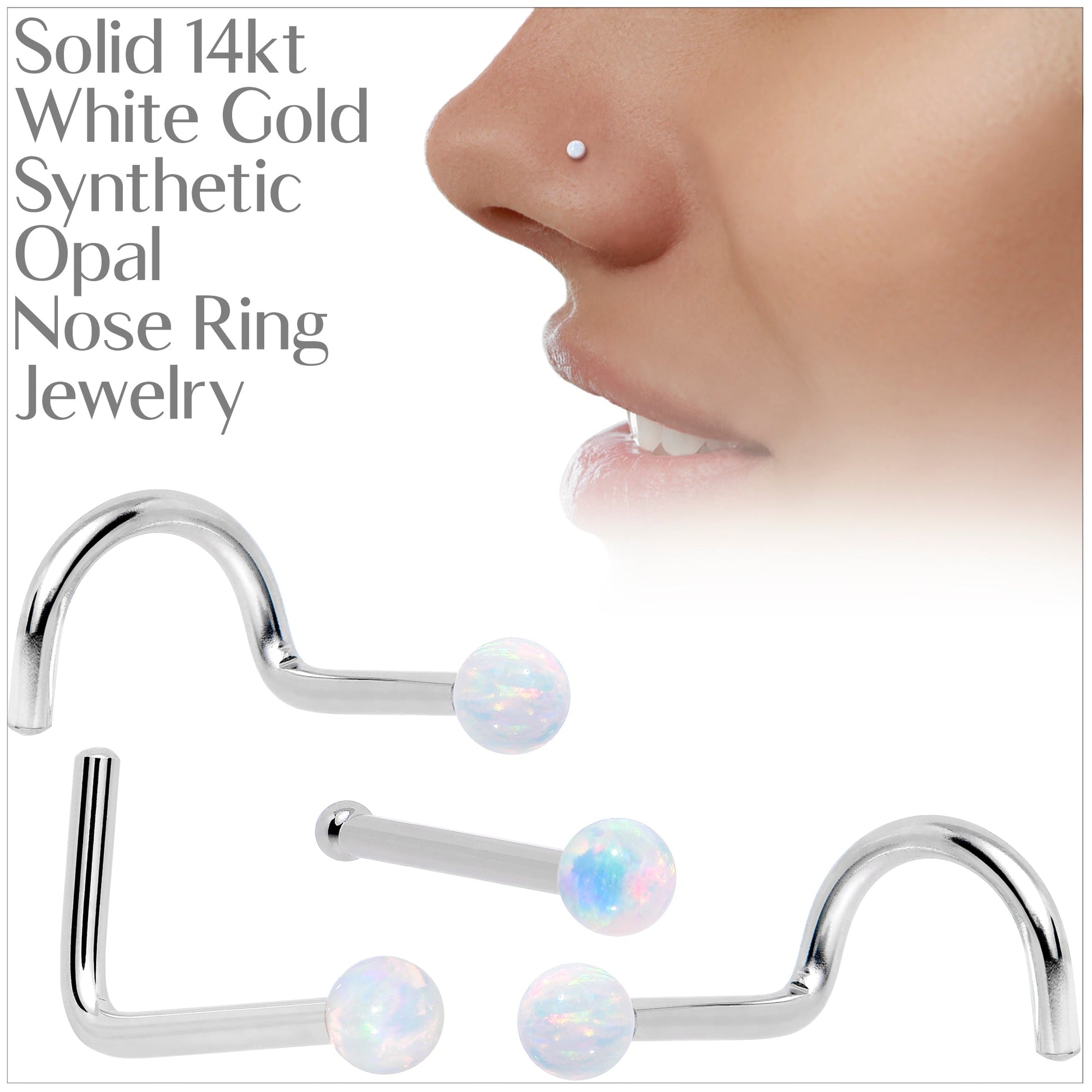 14k White Gold 2.5mm Synthetic Opal Ball Nose Ring BodyCandy