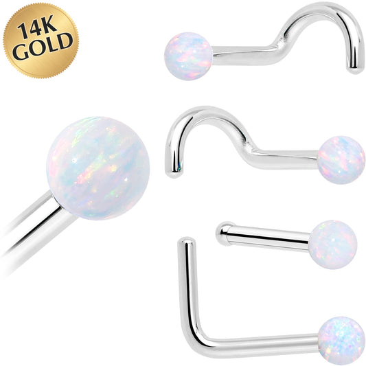 14k White Gold 2.5mm Synthetic Opal Ball Nose Ring BodyCandy