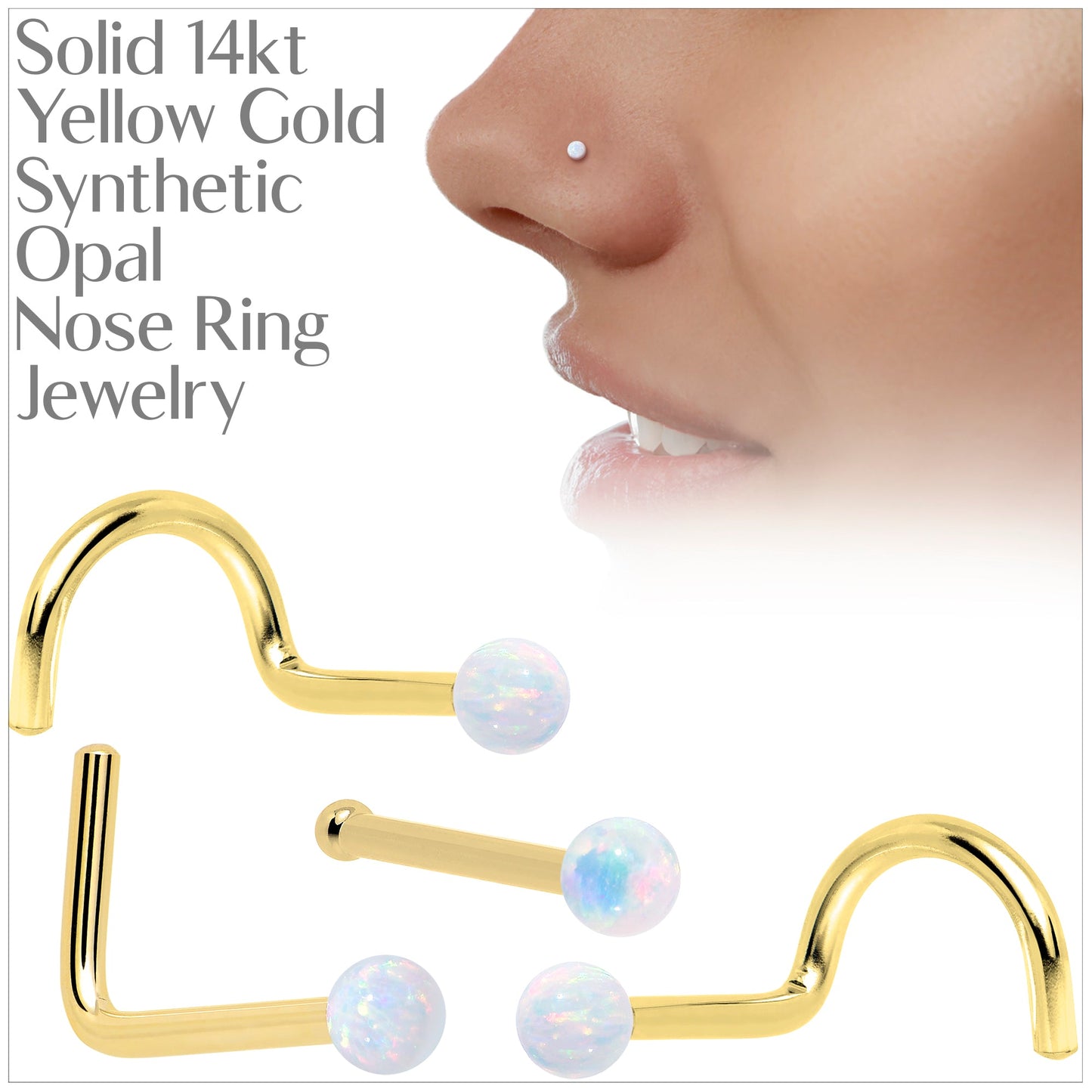 14k Yellow Gold 2.5mm Synthetic Opal Ball Nose Ring BodyCandy
