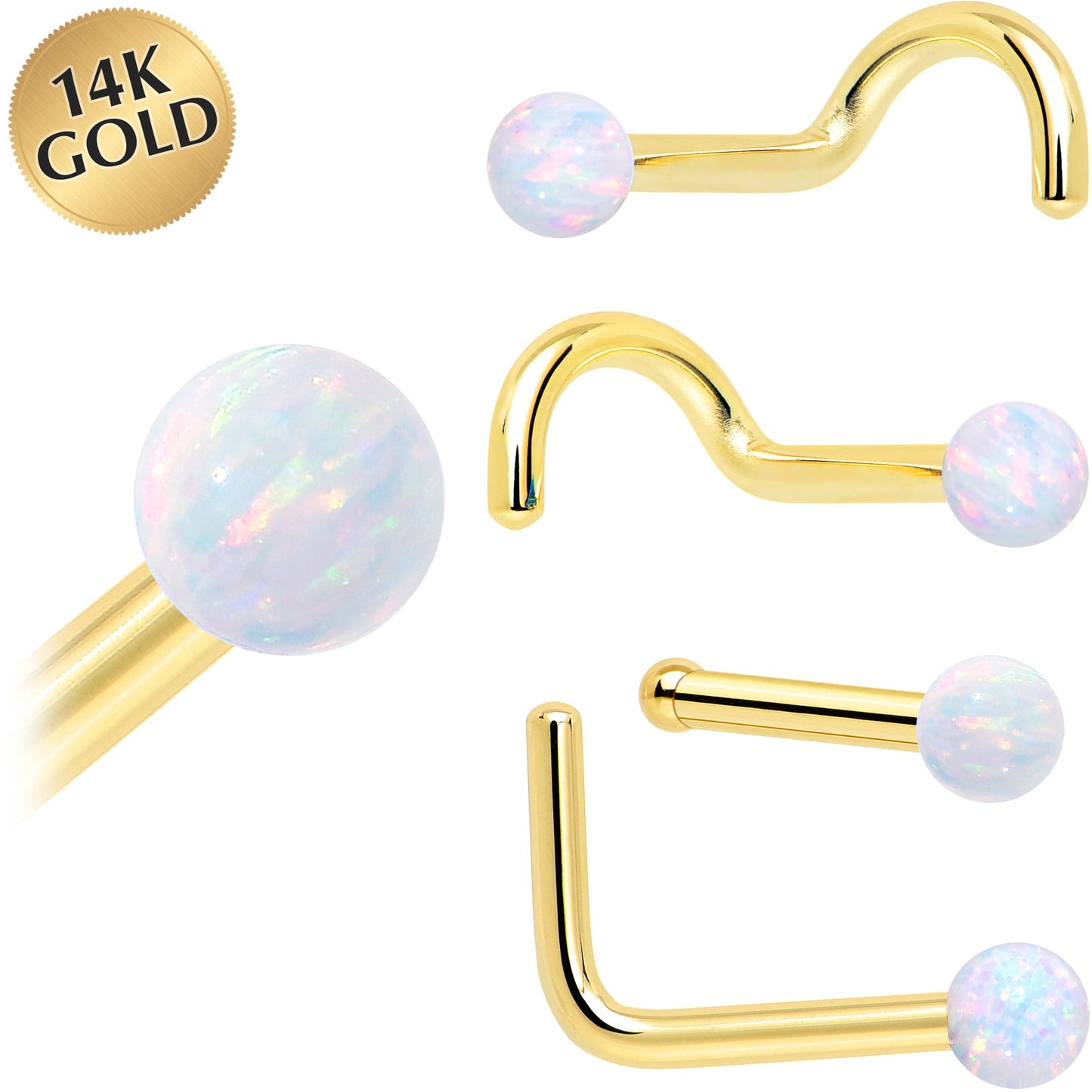14k Yellow Gold 2.5mm Synthetic Opal Ball Nose Ring BodyCandy