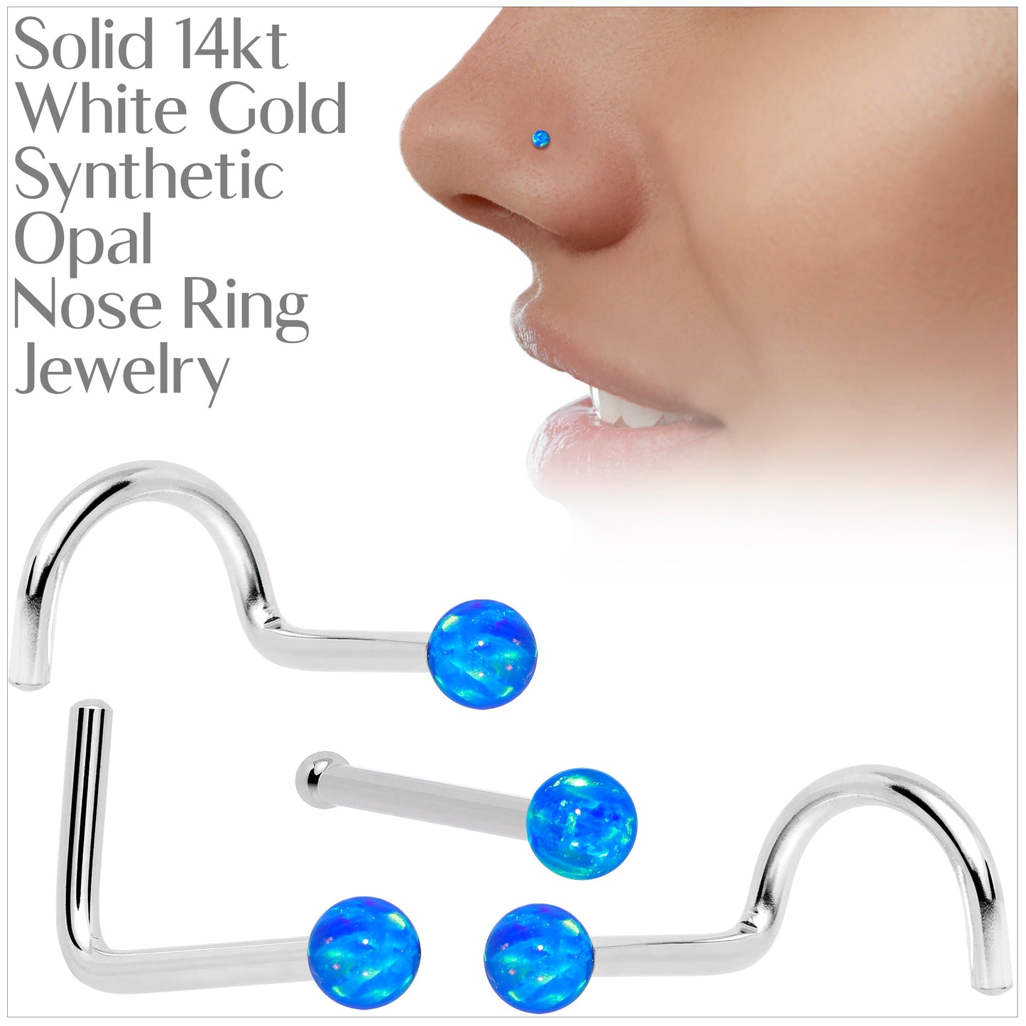14k White Gold 2.5mm Blue Synthetic Opal Ball Nose Ring BodyCandy