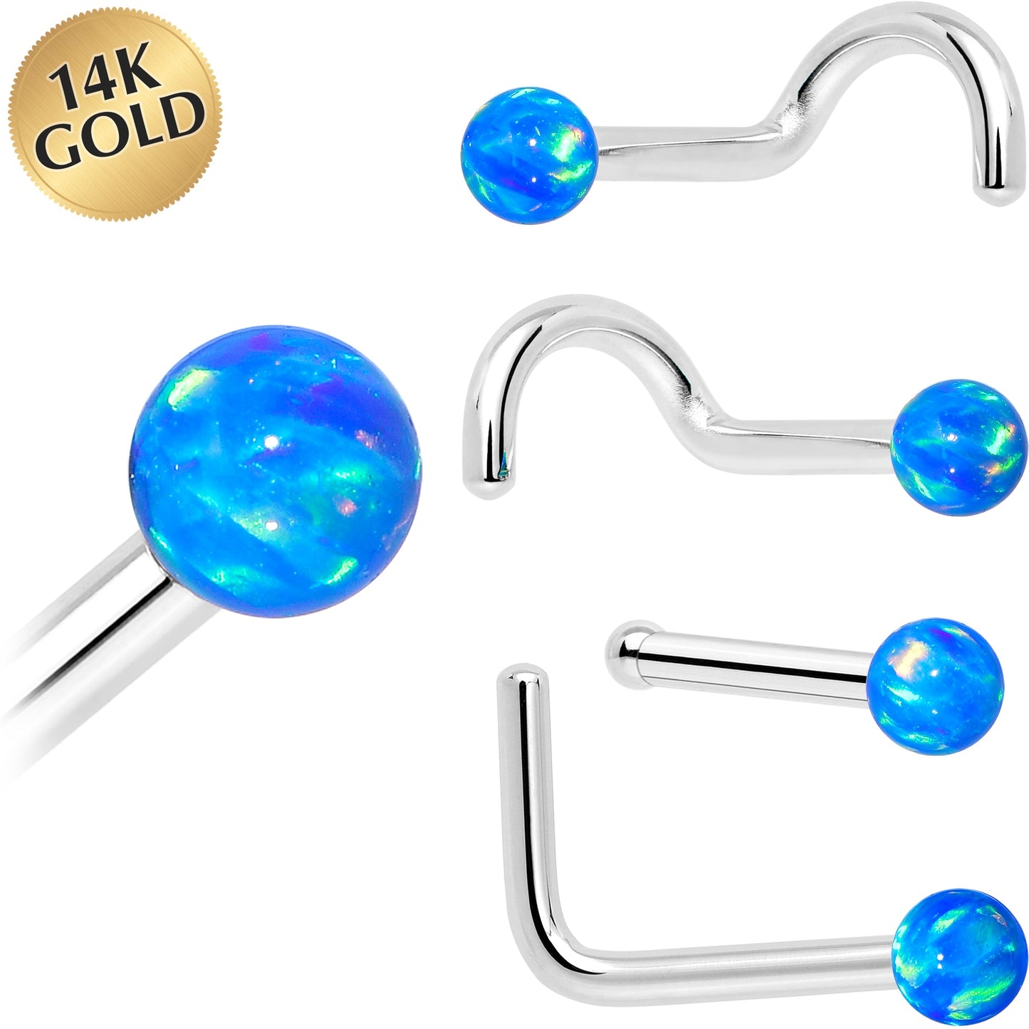 14k White Gold 2.5mm Blue Synthetic Opal Ball Nose Ring BodyCandy