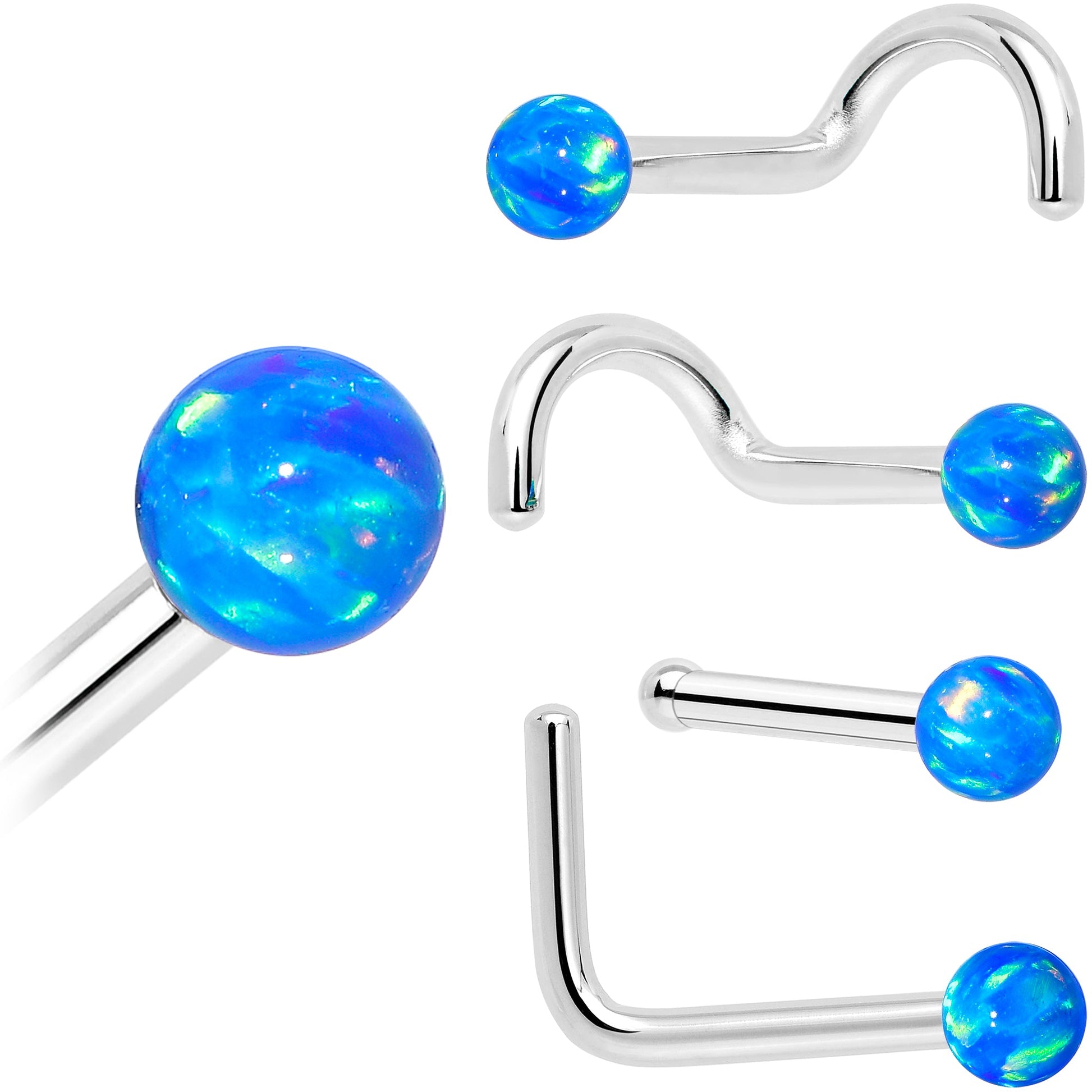 14k White Gold 2.5mm Blue Synthetic Opal Ball Nose Ring BodyCandy