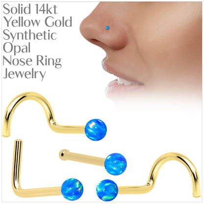 14k Yellow Gold 2.5mm Blue Synthetic Opal Ball Nose Ring BodyCandy