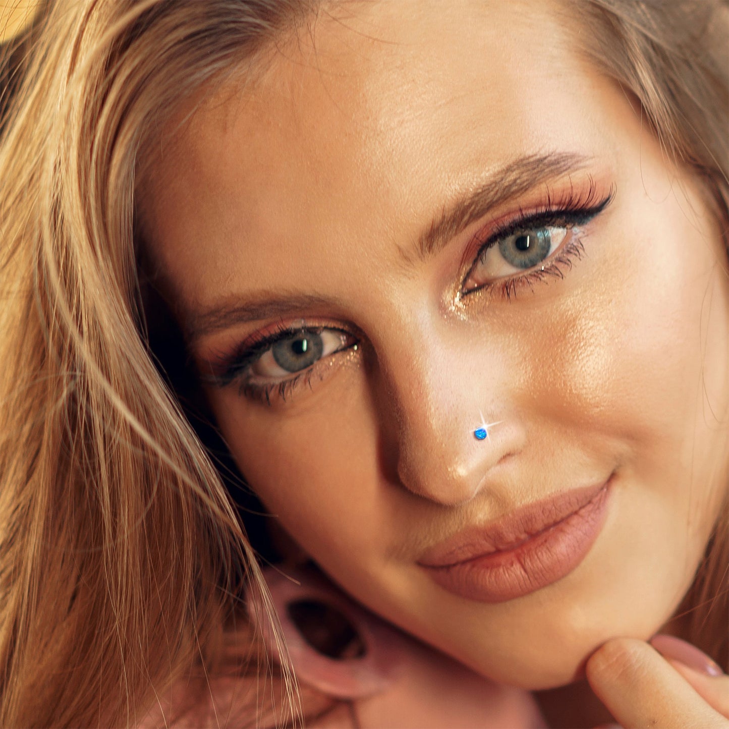 14k Yellow Gold 2.5mm Blue Synthetic Opal Ball Nose Ring BodyCandy