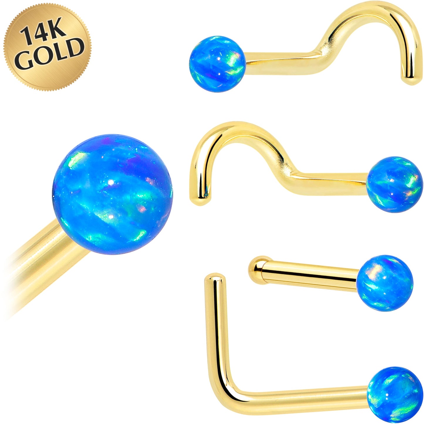 14k Yellow Gold 2.5mm Blue Synthetic Opal Ball Nose Ring BodyCandy