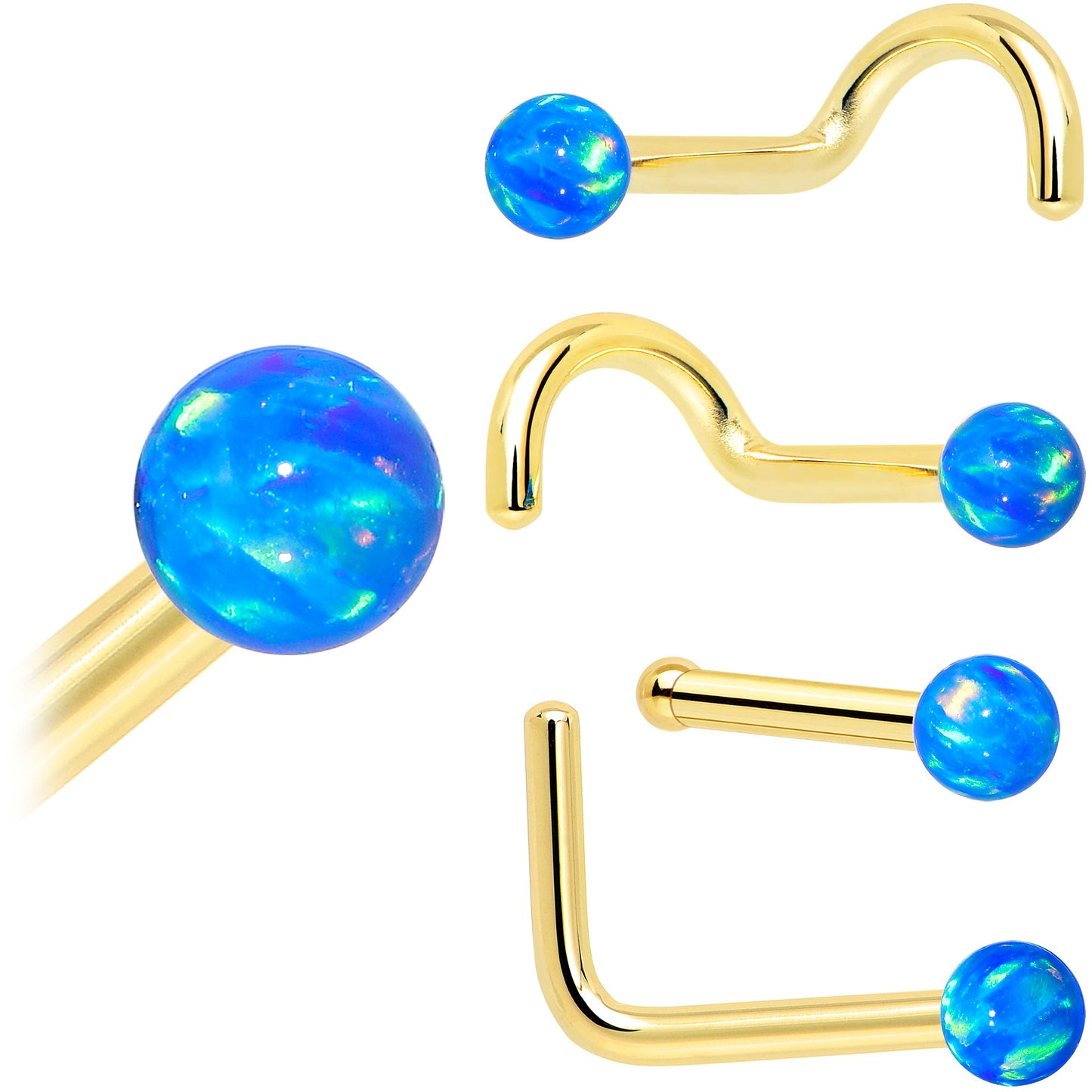 14k Yellow Gold 2.5mm Blue Synthetic Opal Ball Nose Ring BodyCandy