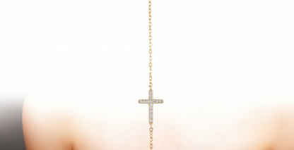 14K Gold Sideways Cross Necklace with Sparkling CZ Diamonds