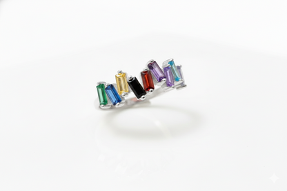 Dainty Baguette Ring with Multicolor Gemstones in 925 Sterling Silver
