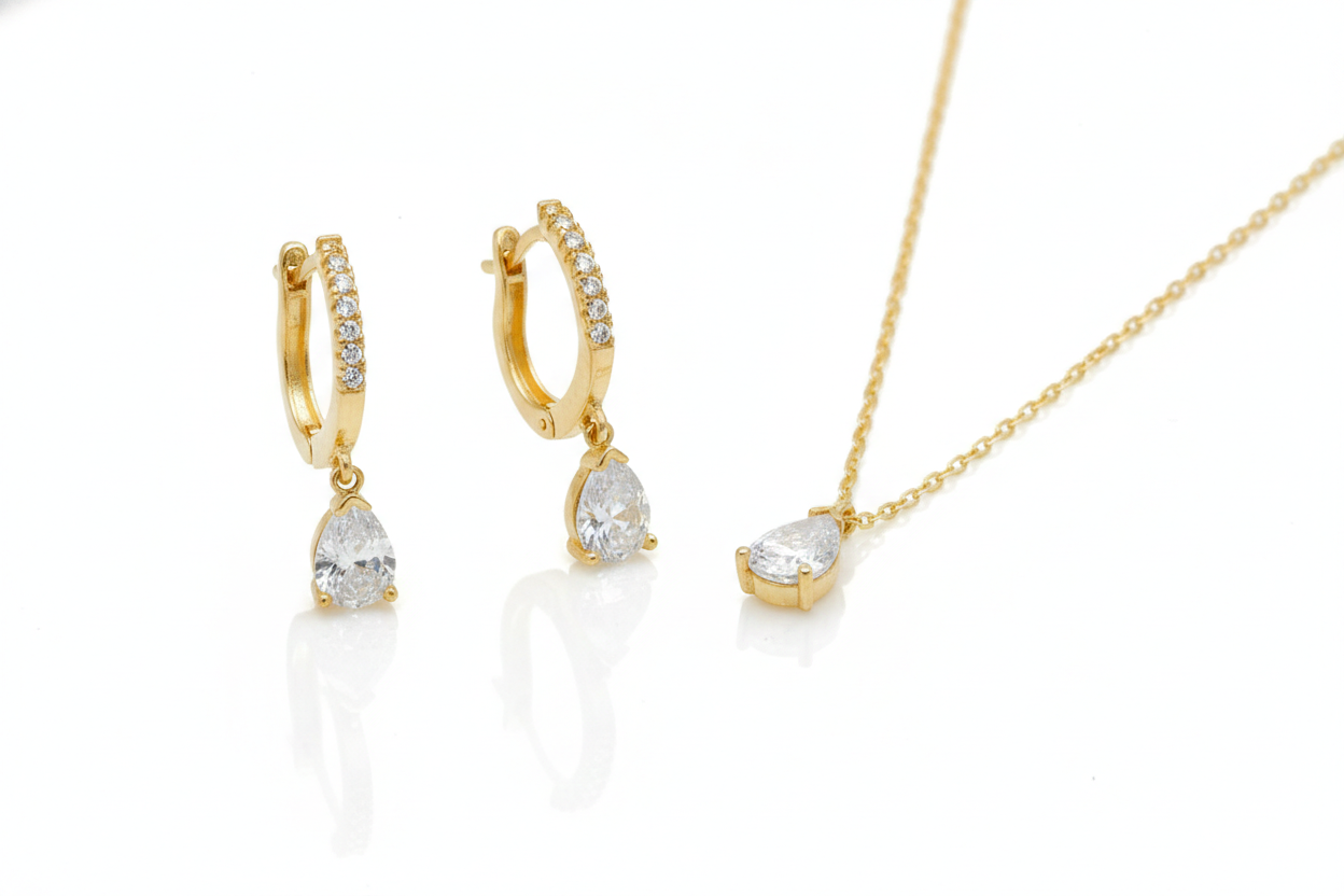 Diamond Dangle Earrings Necklace Set in Sterling Silver
