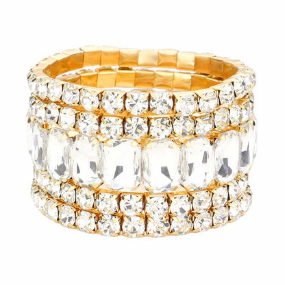 Women's 5Pcs Rectangle Round Stone Stretch Multi Layered Bracelets