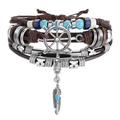 BOHO Tibet Stone Feather Multilayer Leather Bracelet Eye Fish Charms Beads Bracelets For Men Vintage Punk Wrap Wristband Cool Jewelry