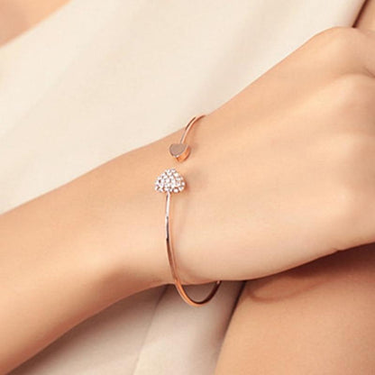 New Fashion Adjustable Stainless Steel Crystal Double Heart Bow Cuff Opening Bracelet For Women Jewelry Gift