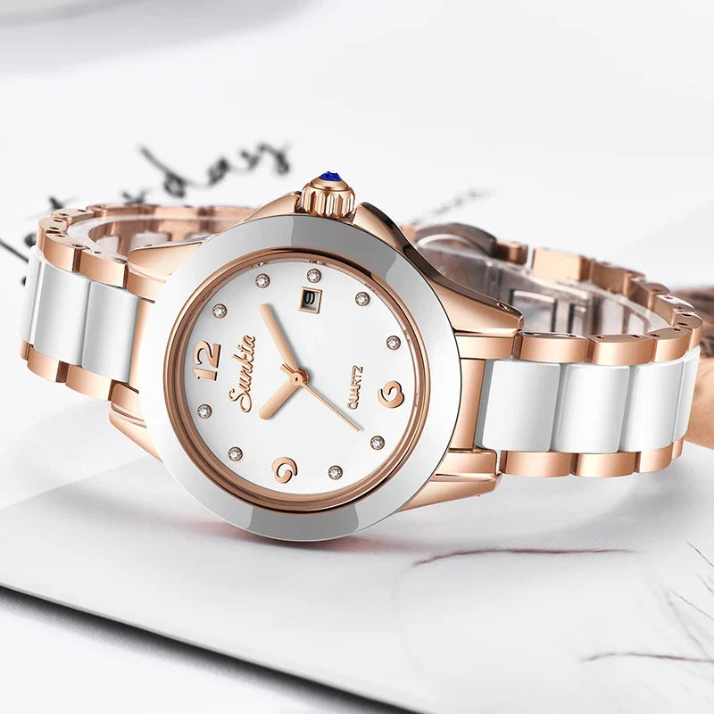 Women's Ceramic Stainless Steel Dress Watch With Date