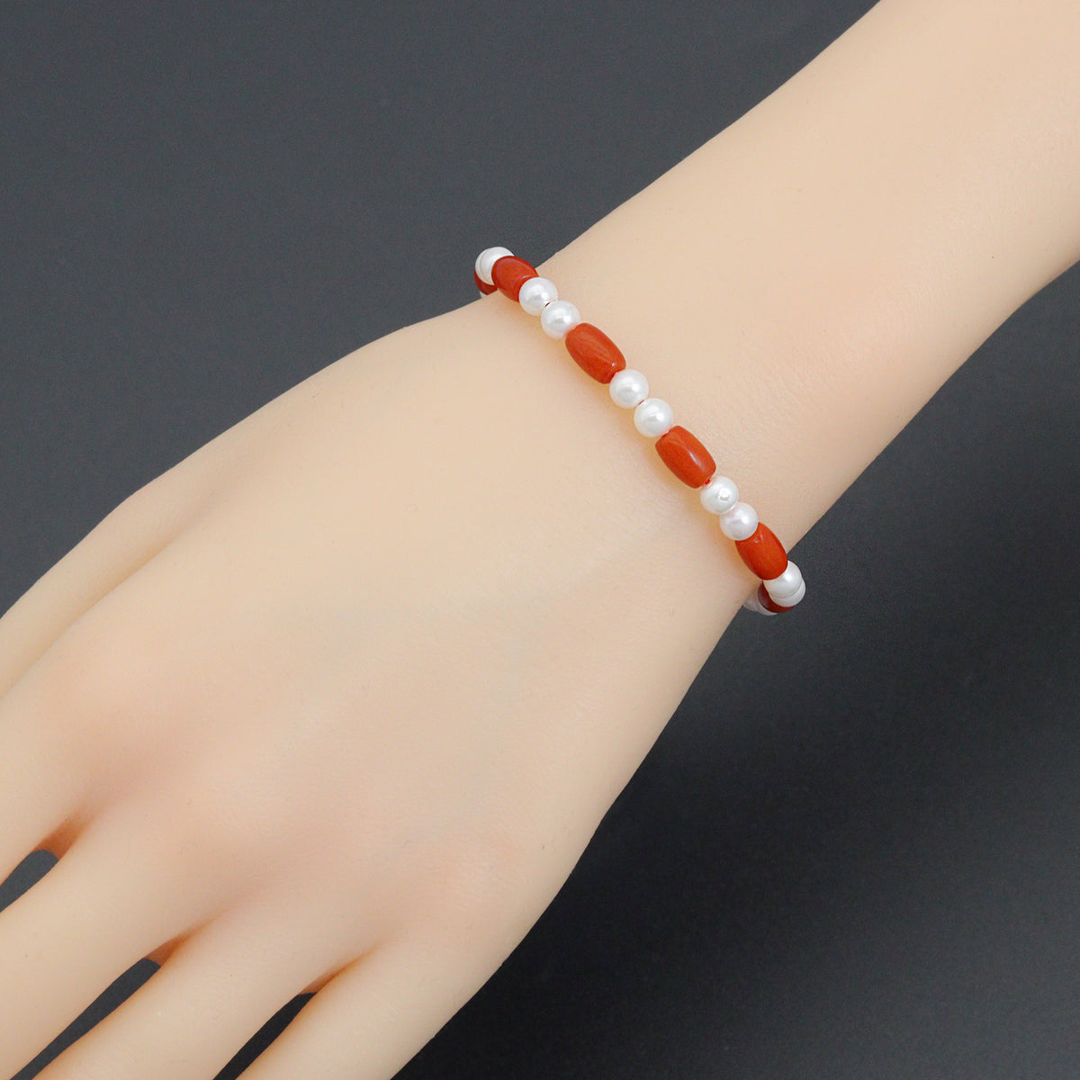 Coral and Mother of Pearl Stretchy Bracelet, Sku#EF751