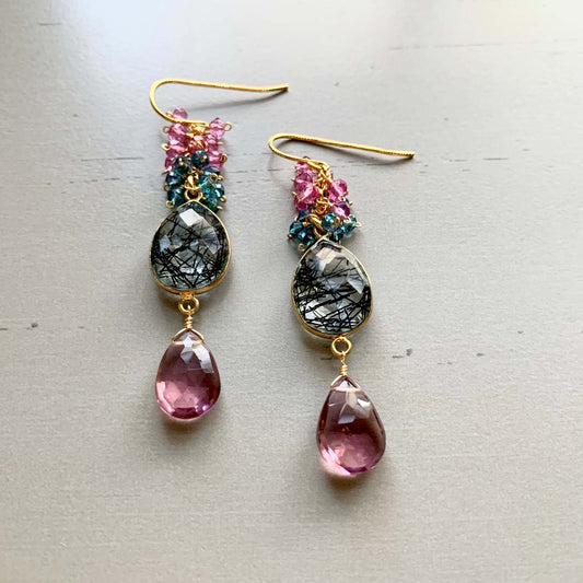 Pink Rhodolite Garnet And Rutilated Quartz Bezel Cluster Earrings