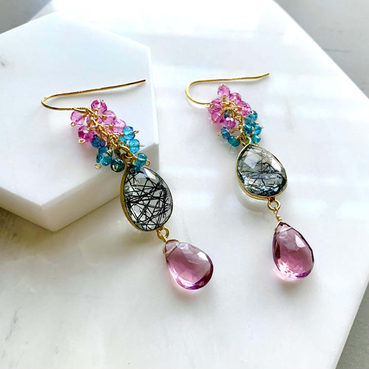 Pink Rhodolite Garnet And Rutilated Quartz Bezel Cluster Earrings
