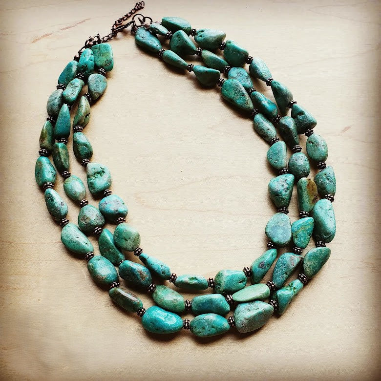Large Triple Strand Natural Turquoise & Copper Collar Necklace 252y