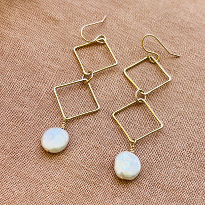 14k gold fill DOUBLE DIAMOND DANGLE PEARL EARRINGS