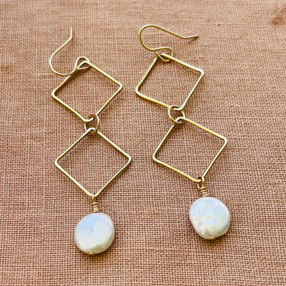 14k gold fill DOUBLE DIAMOND DANGLE PEARL EARRINGS