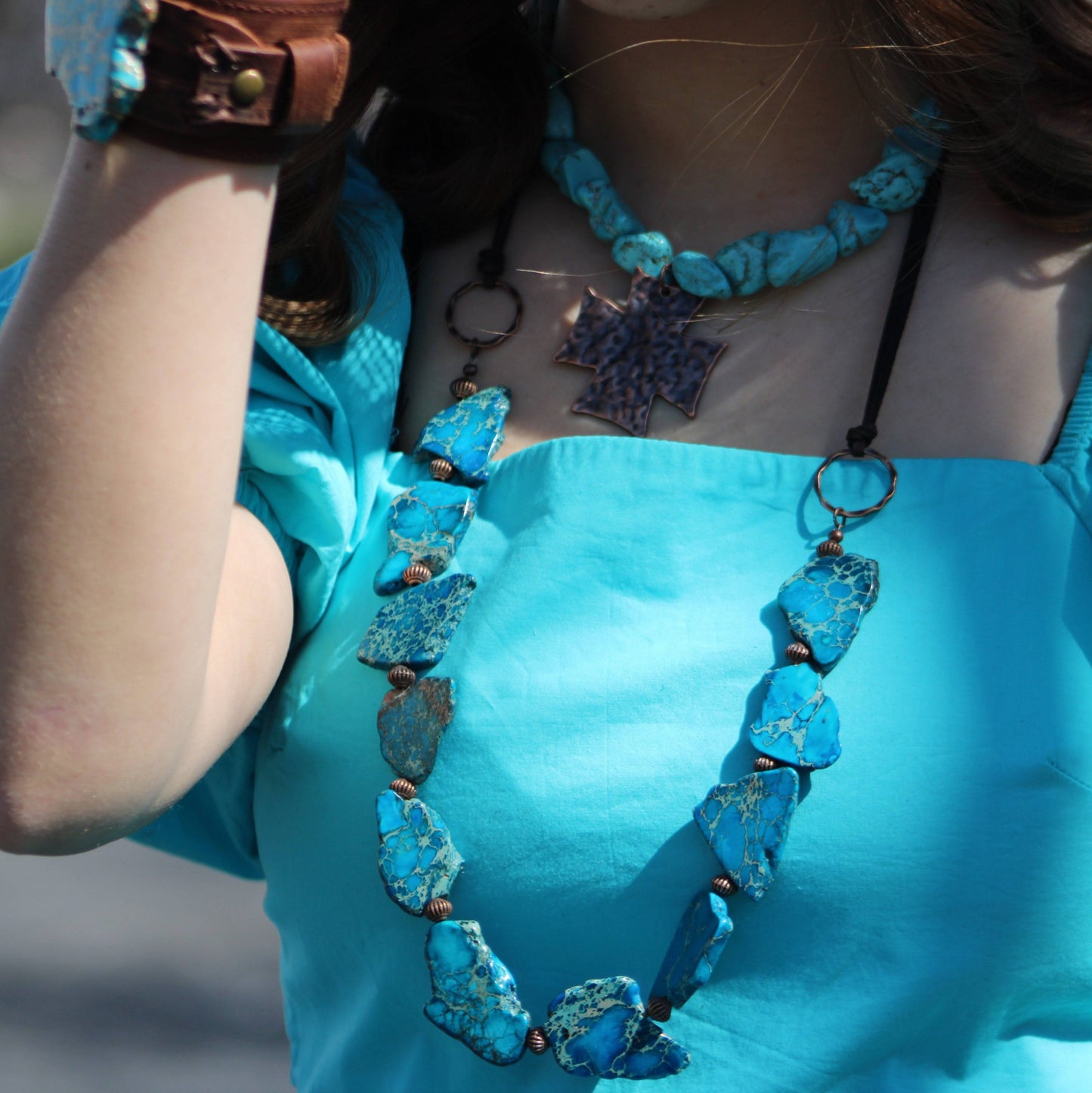 Turquoise Regalite Slab Necklace with Leather Ties 229h