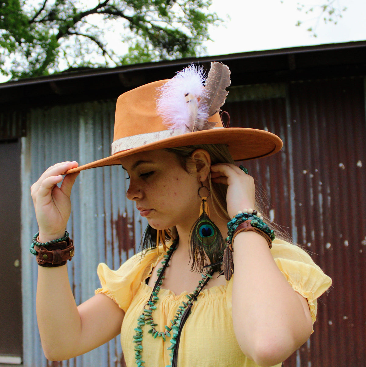 Mustard Deer Skin Leather Tassel Earring Peacock Feather 219i