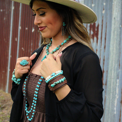 Double Strand Blue Turquoise Beaded Necklace, Leather Tassel 252d