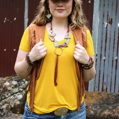 Aqua Terra Slab Necklace with Copper Hoop and leatherFringe Tassel 240r