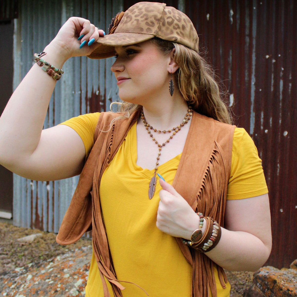 Double Strand Lariat Picture Jasper Necklace w/ Copper Feather 250u