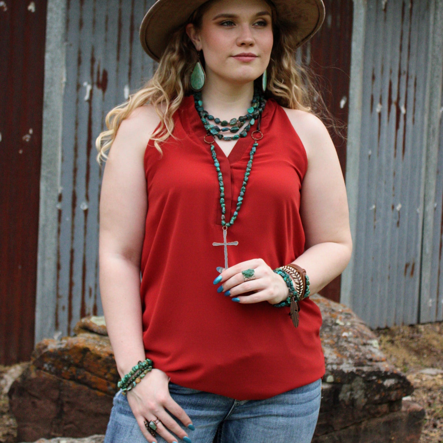 Triple Strand Natural Turquoise & Copper Collar Necklace 250n