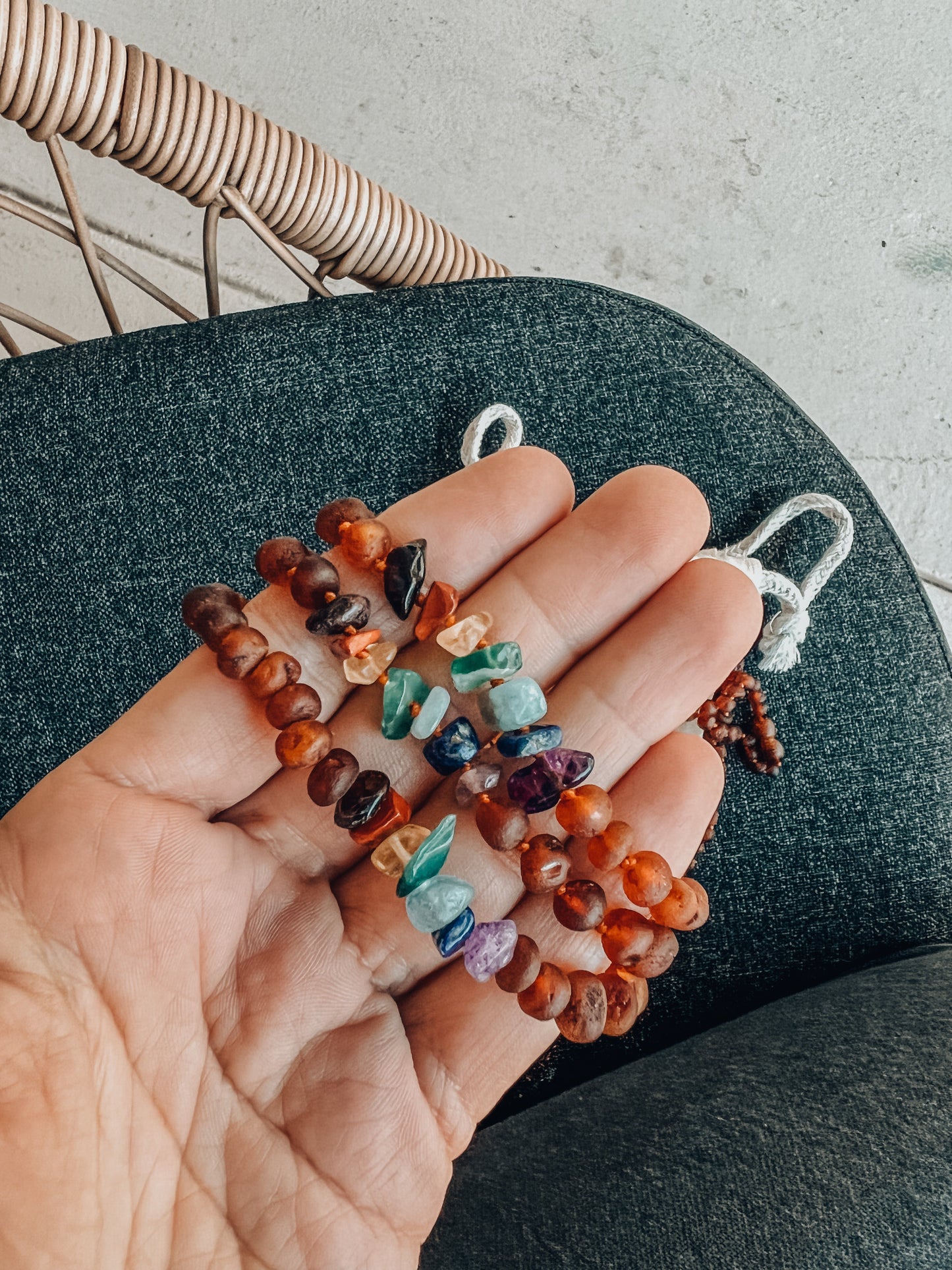 Raw Cognac Baltic Amber + Raw CHAKRA Crystals || Adult Bracelet
