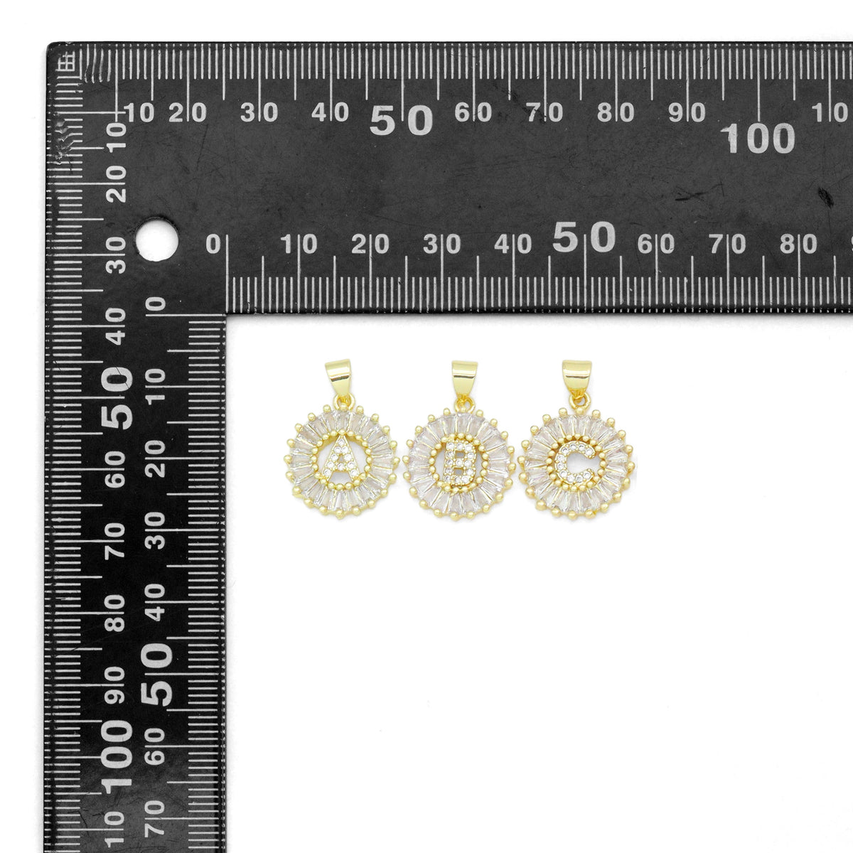 Baguette CZ Circle Initial Letter Charm/Pendent, Alphabet  Pendent, Gold/Silver Finish, sku#Z1483A