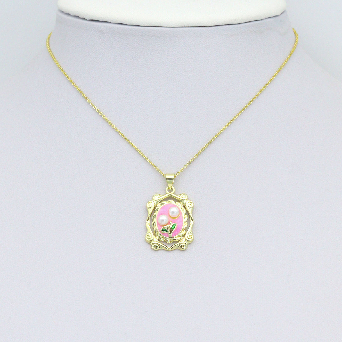 White Pearl Pink Enamel Rose On Oval Pic frame charm, Sku#JL205