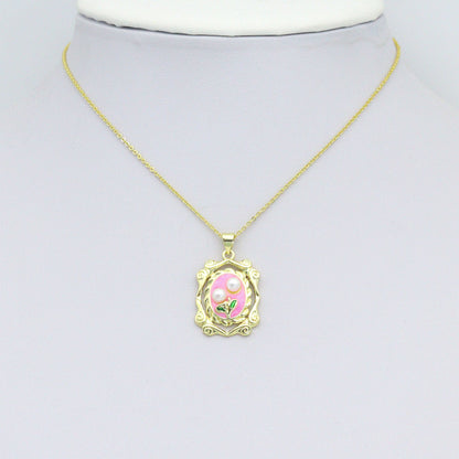 White Pearl Pink Enamel Rose On Oval Pic frame charm, Sku#JL205
