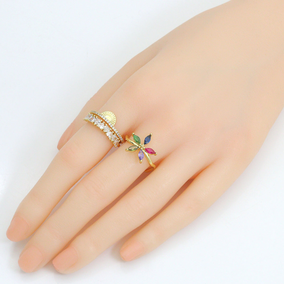 CZ Flower Heart Sun Nail baguette cz Adjustable Ring, Sku#O131