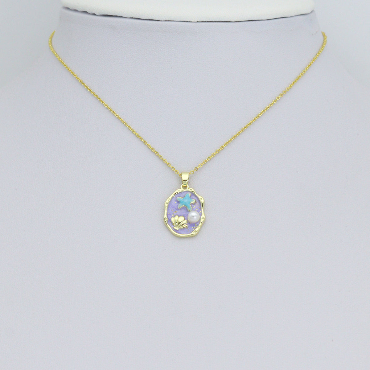 White Purple Enamel Gold StarFish Shell Pearl Oval charm, Sku#Z1483