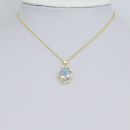 White Purple Enamel Gold StarFish Shell Pearl Oval charm, Sku#Z1483