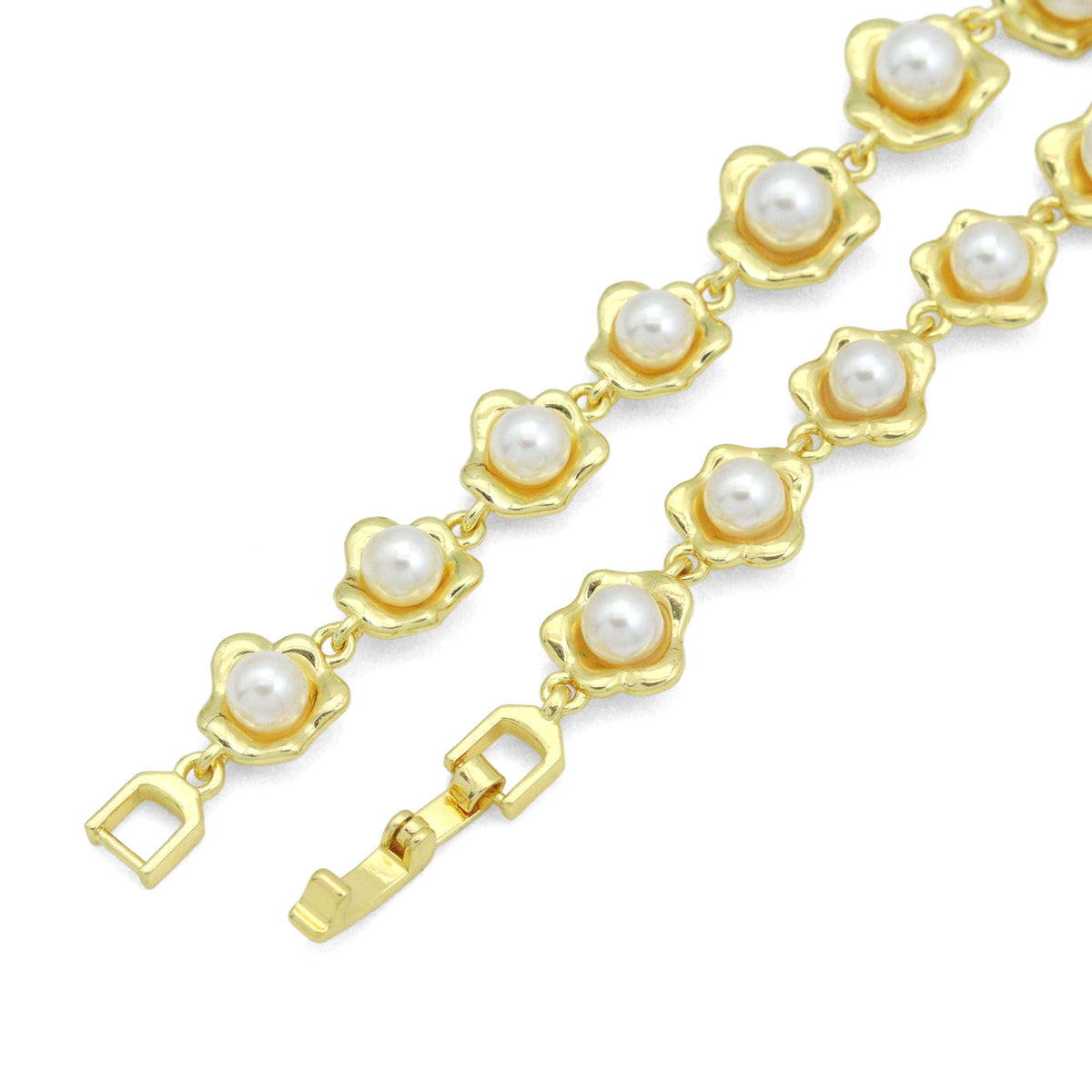 Gold Silver White Pearl Flower Bracelet, Sku#A507