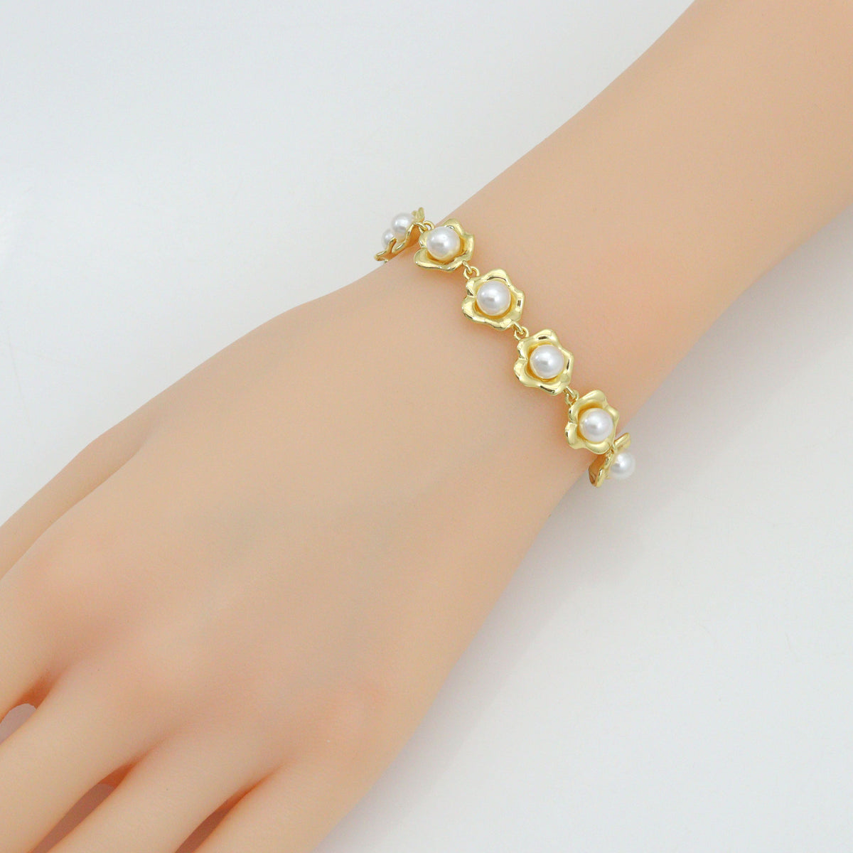 Gold Silver White Pearl Flower Bracelet, Sku#A507
