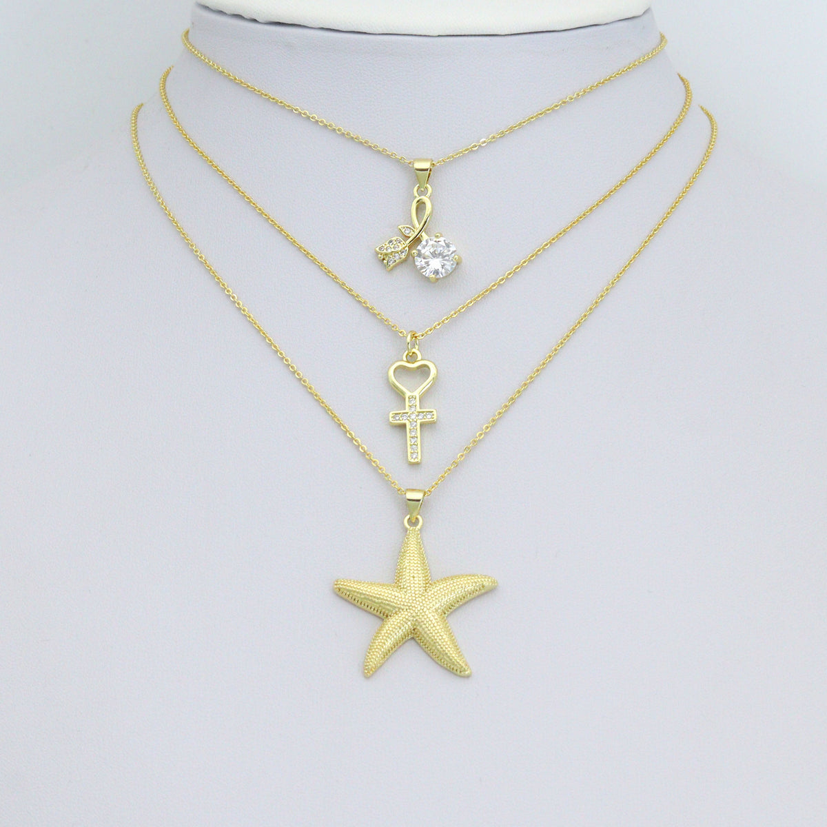 Gold Clear CZ Cross Heart Starfish Flower Big CZ Pendant charm, Sku#LK1273