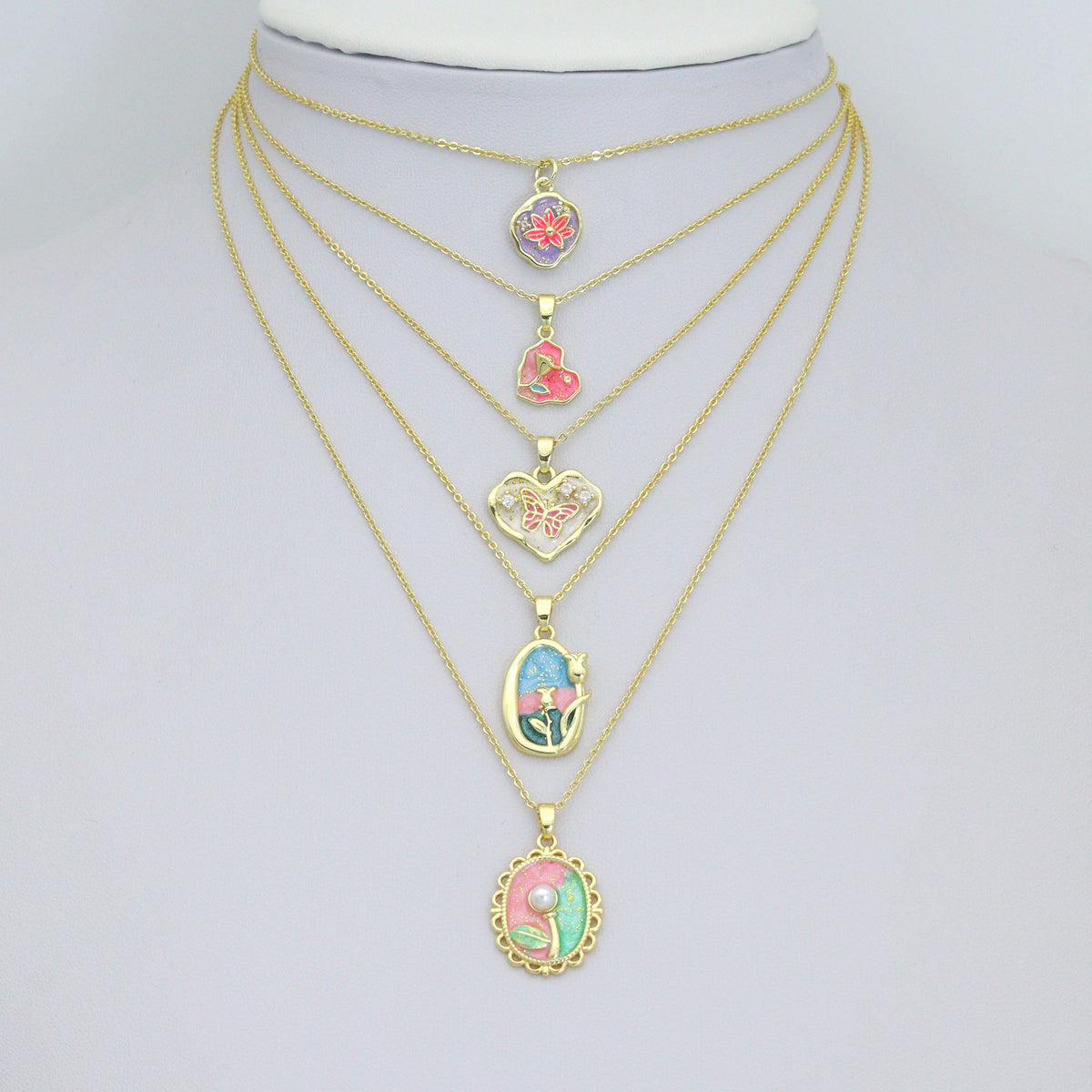 Gold Colorful Enamel Flower Butterfly Heart Oval Pendant charm, Sku#Z1484