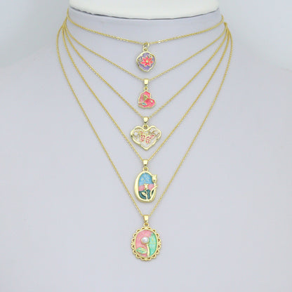 Gold Colorful Enamel Flower Butterfly Heart Oval Pendant charm, Sku#Z1484