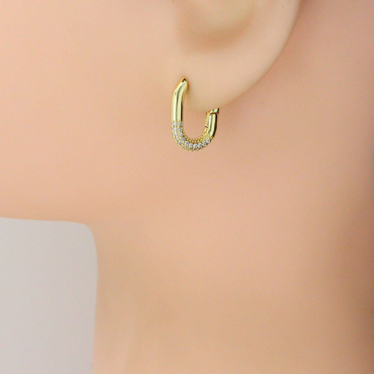 Gold Clear CZ Round Oval Ring Shape Hoop Earrings, Sku#LK1276